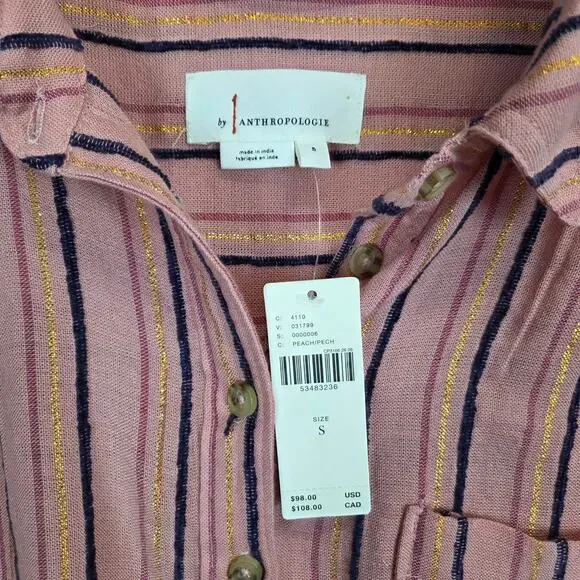 Anthropologie Isadora Button Back Tunic Top S Pink Gold Stripe Popover Shirt NWT - Picture 5 of 13